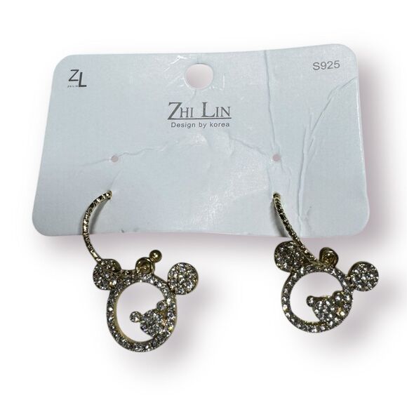 Zhi Lin Disney Gold Crystal Mickey Mouse Earrings Rhinestones BNWT - Picture 1 of 5